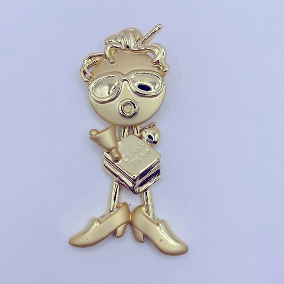AJC Jewelry - Vintage Signed AJC Teacher Brooch Articulated Wobble Head Gold Tone